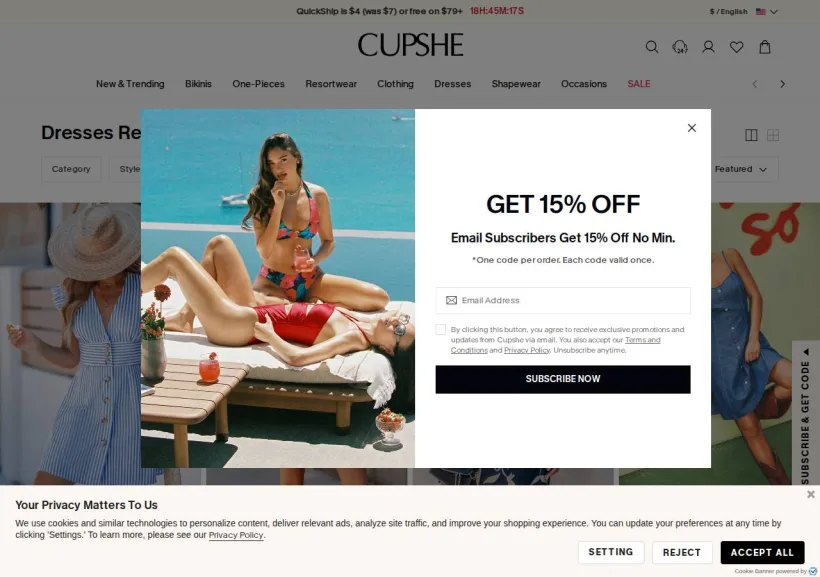 Schermata della pagina offerta di Cupshe