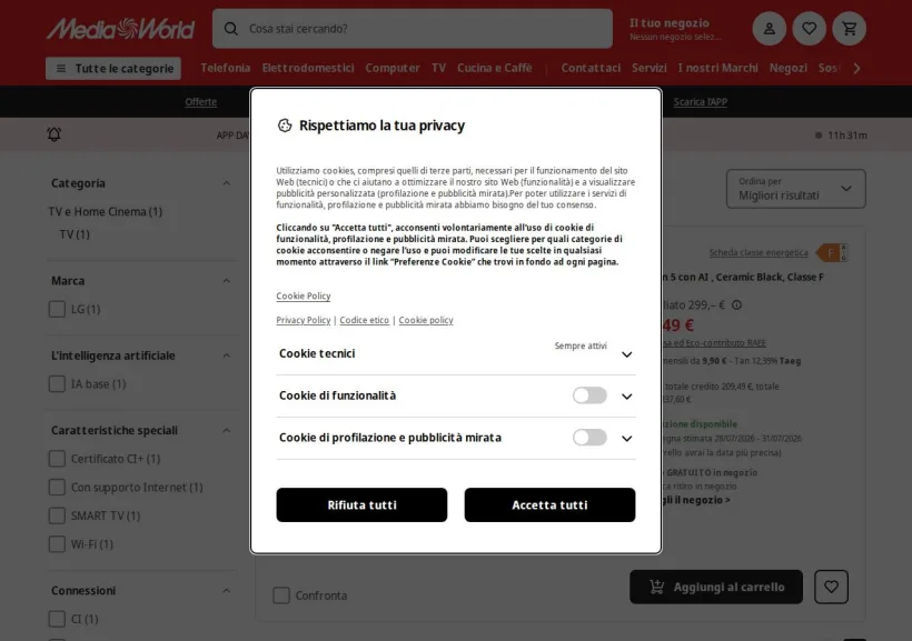 Schermata della pagina offerta di Mediaworld