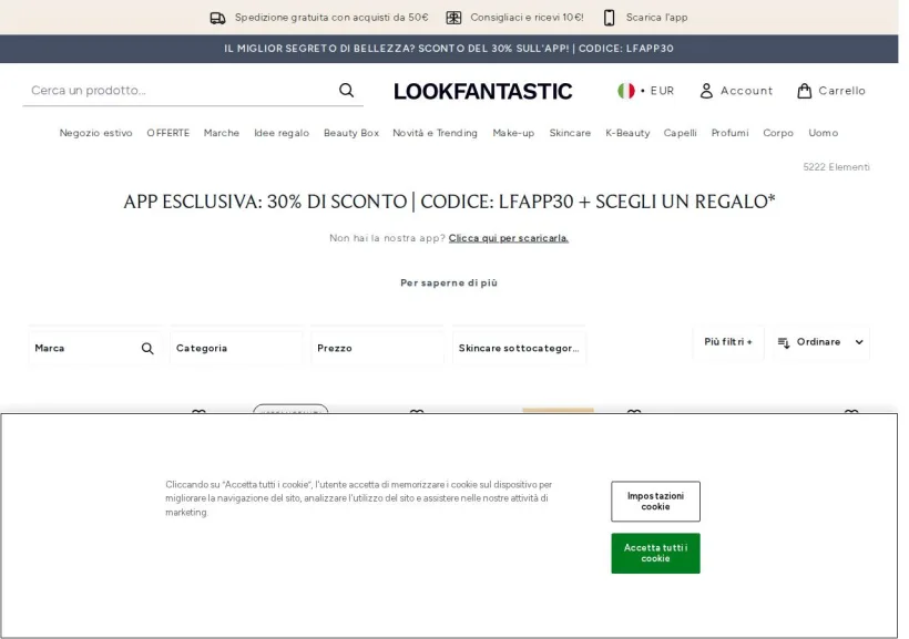Schermata della pagina offerta di Look Fantastic