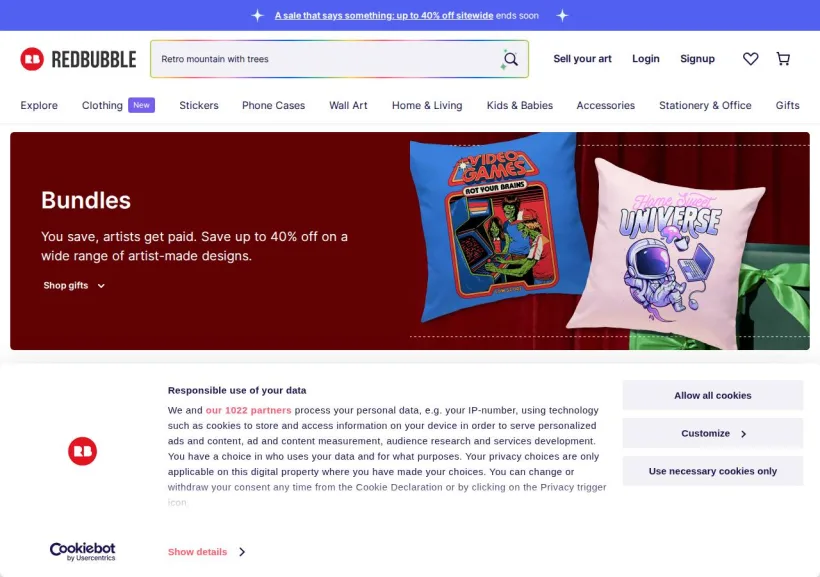 Schermata della pagina offerta di Redbubble