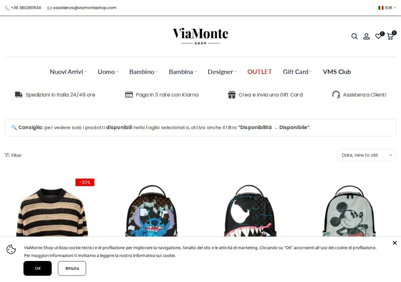 Schermata della pagina offerta di Via Monte Shop