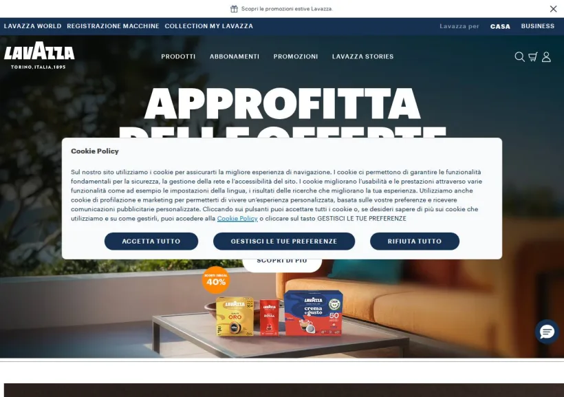 Schermata della pagina offerta di Lavazza