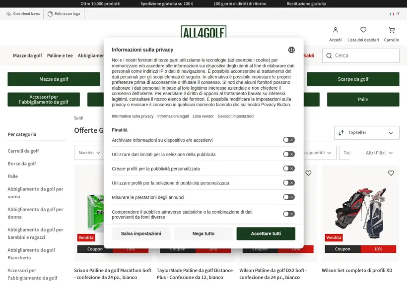 Schermata della pagina offerta di All4Golf