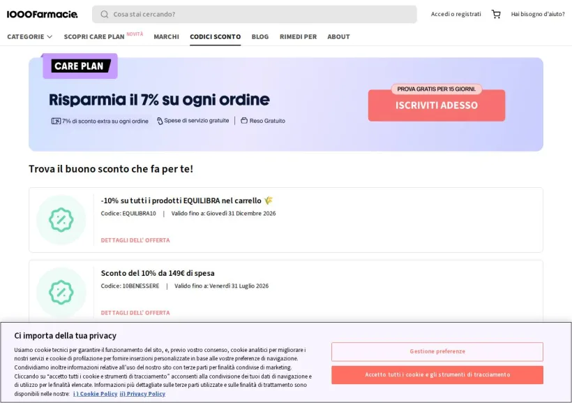 Schermata della pagina offerta di 1000Farmacie