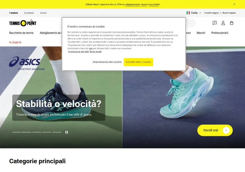 Schermata della pagina offerta di Tennis Point
