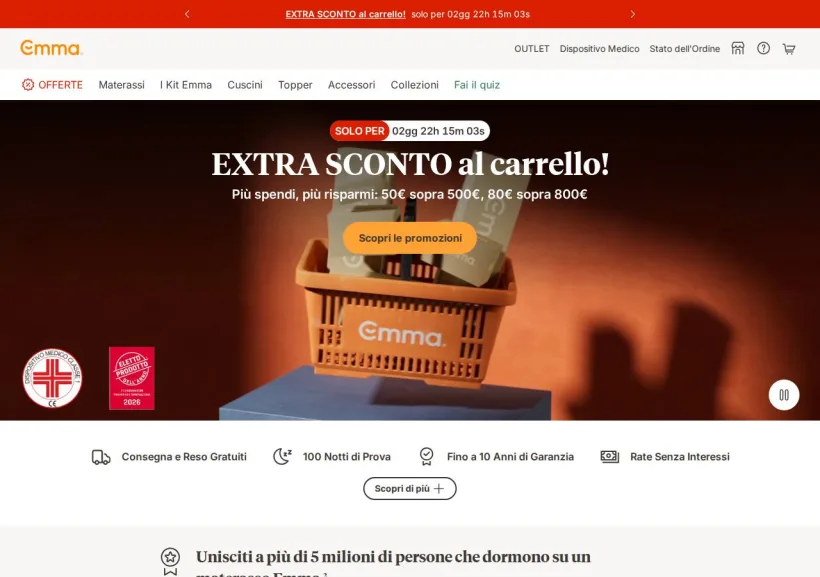 Schermata della pagina offerta di Emma Mattress