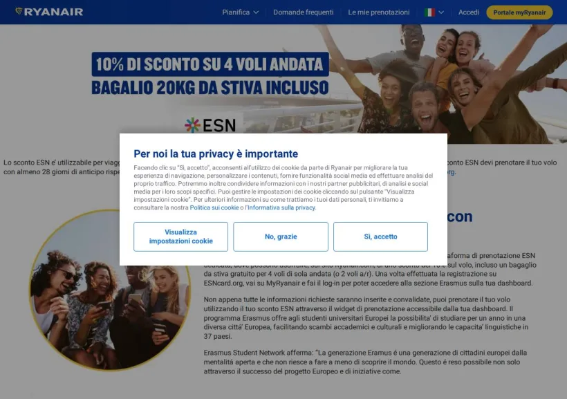 Schermata della pagina offerta di Ryanair