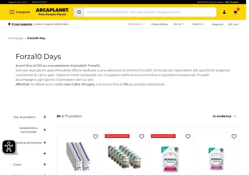 Schermata della pagina offerta di Arcaplanet