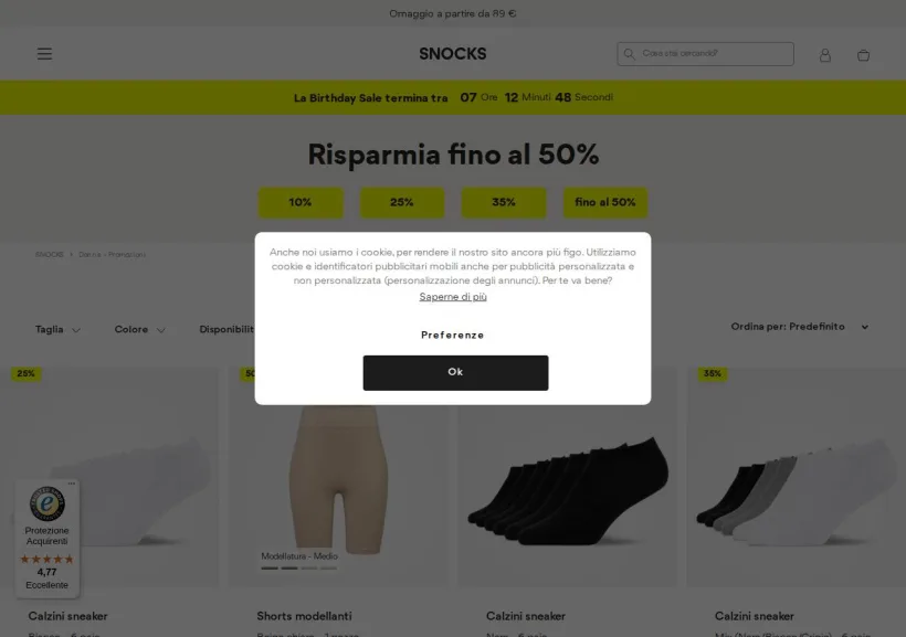 Schermata della pagina offerta di Snocks