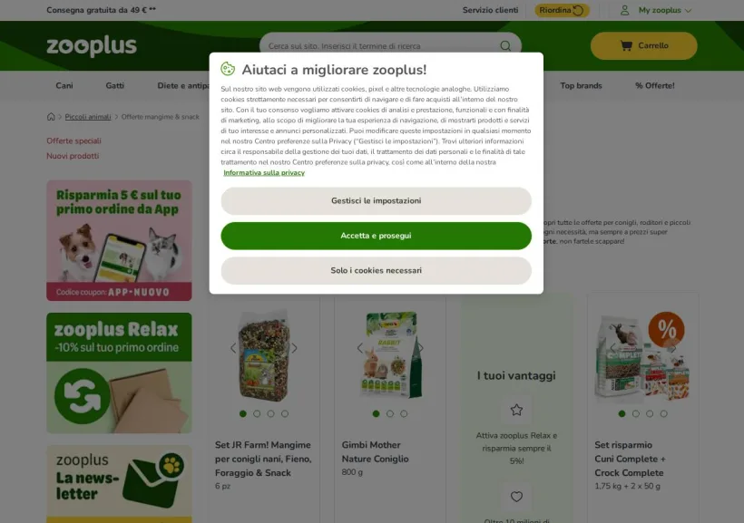 Schermata della pagina offerta di Zooplus