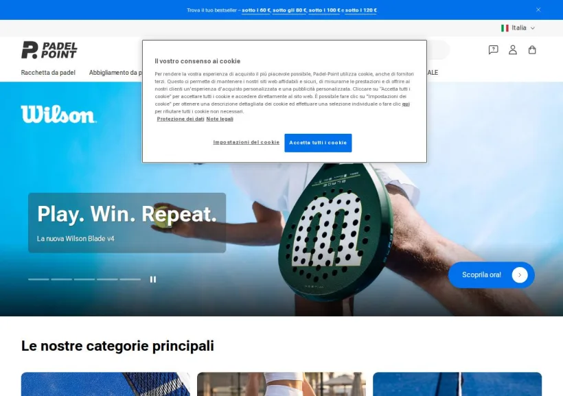 Schermata della pagina offerta di Padel-Point