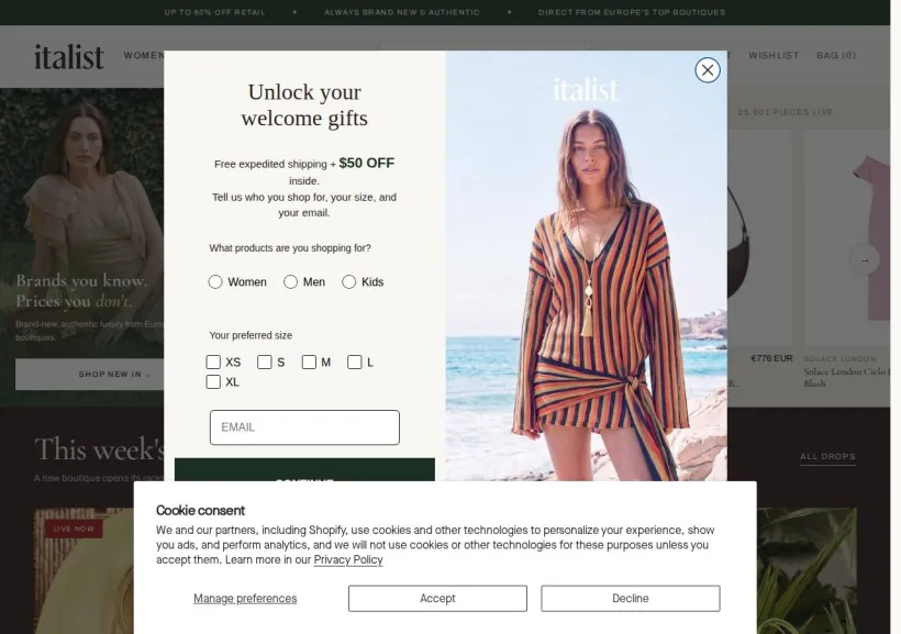 Schermata della pagina offerta di Italist