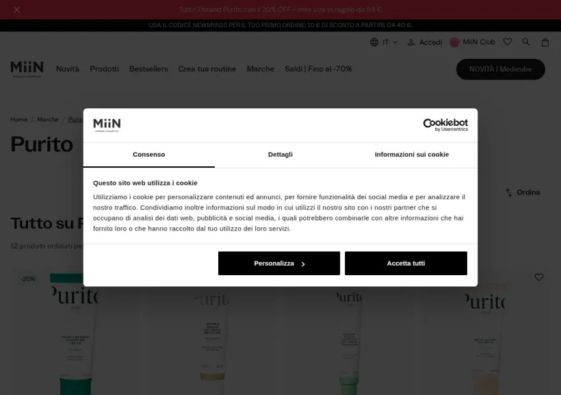 Schermata della pagina offerta di Miin Cosmetics