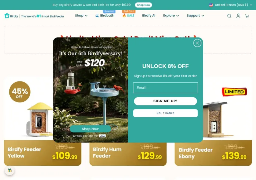 Schermata della pagina offerta di Birdfy
