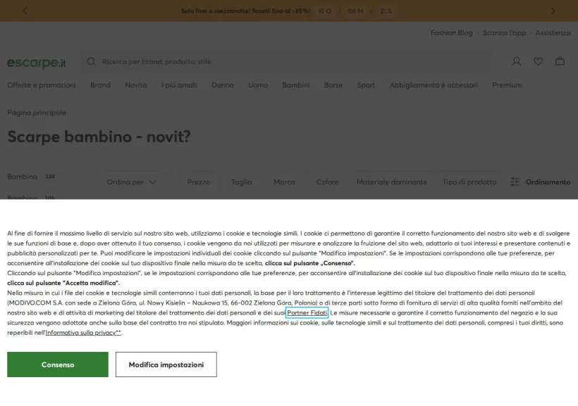Schermata della pagina offerta di Escarpe.it