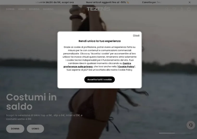 Schermata della pagina offerta di Tezenis