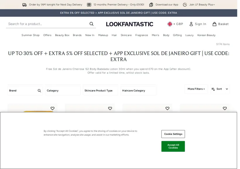 Schermata della pagina offerta di Look Fantastic