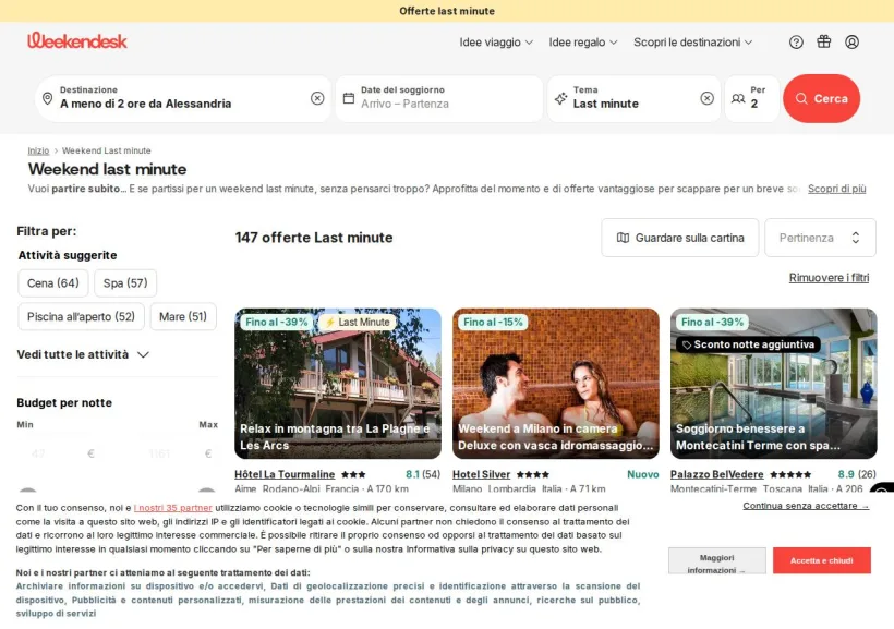 Schermata della pagina offerta di Weekendesk