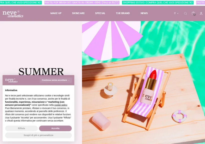Schermata della pagina offerta di Neve Cosmetics