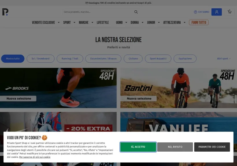 Schermata della pagina offerta di Private Sport Shop