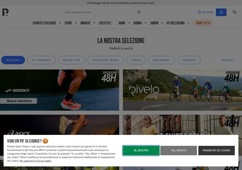 Schermata della pagina offerta di Private Sport Shop