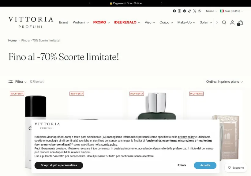 Schermata della pagina offerta di Vittoria Profumi