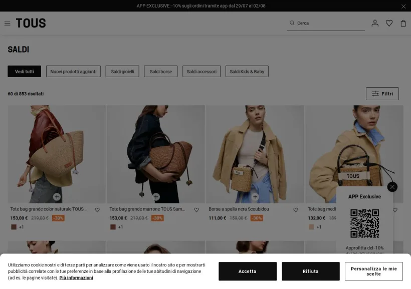 Schermata della pagina offerta di TOUS