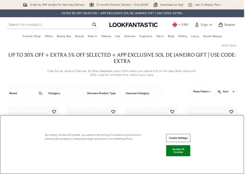 Schermata della pagina offerta di Look Fantastic