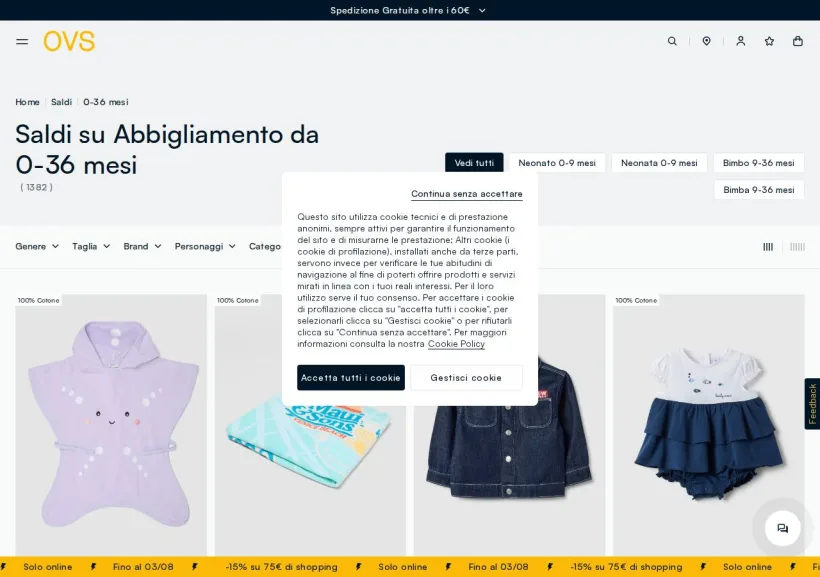 Schermata della pagina offerta di OVS