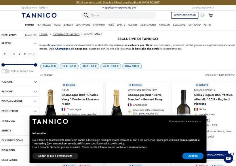 Schermata della pagina offerta di Tannico