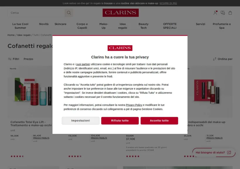 Schermata della pagina offerta di Clarins