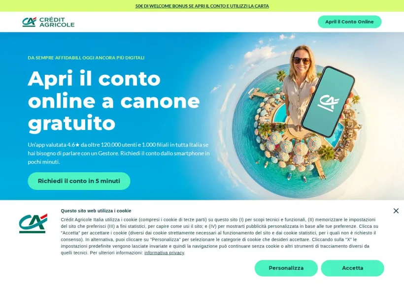 Schermata della pagina offerta di Crédit Agricole
