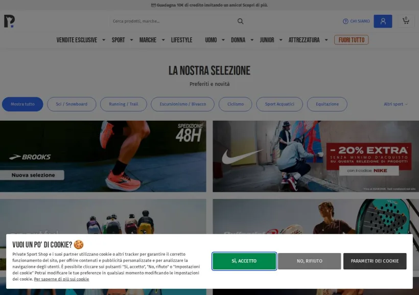 Schermata della pagina offerta di Private Sport Shop