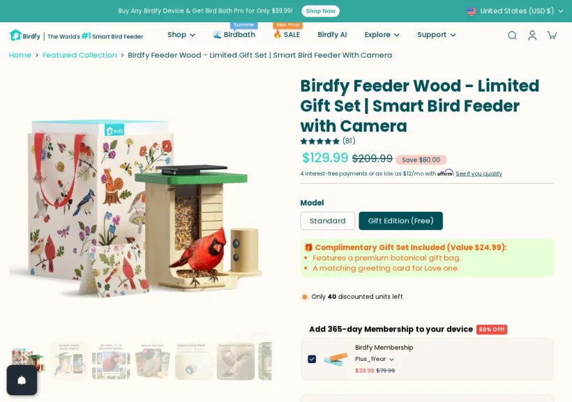 Schermata della pagina offerta di Birdfy
