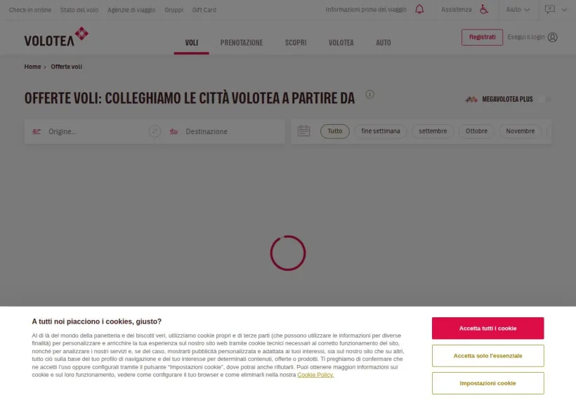 Schermata della pagina offerta di Volotea
