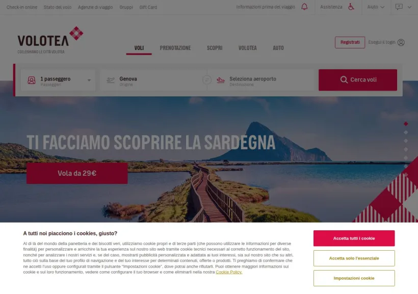 Schermata della pagina offerta di Volotea
