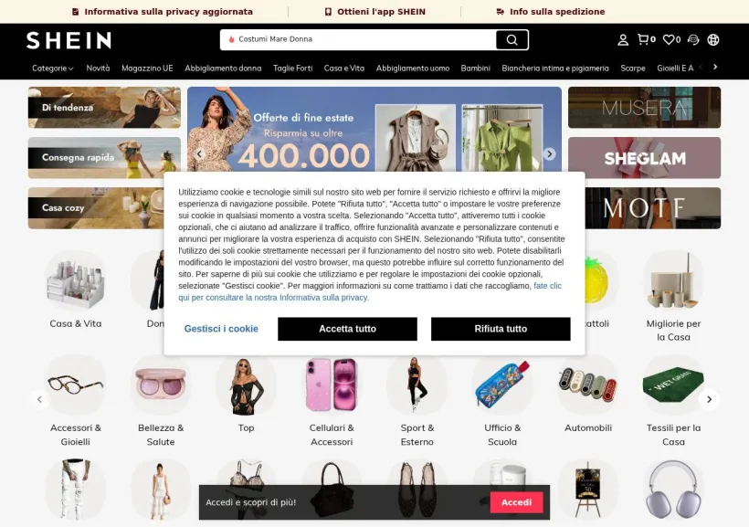 Schermata della pagina offerta di Shein