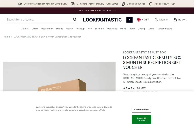 Schermata della pagina offerta di Look Fantastic