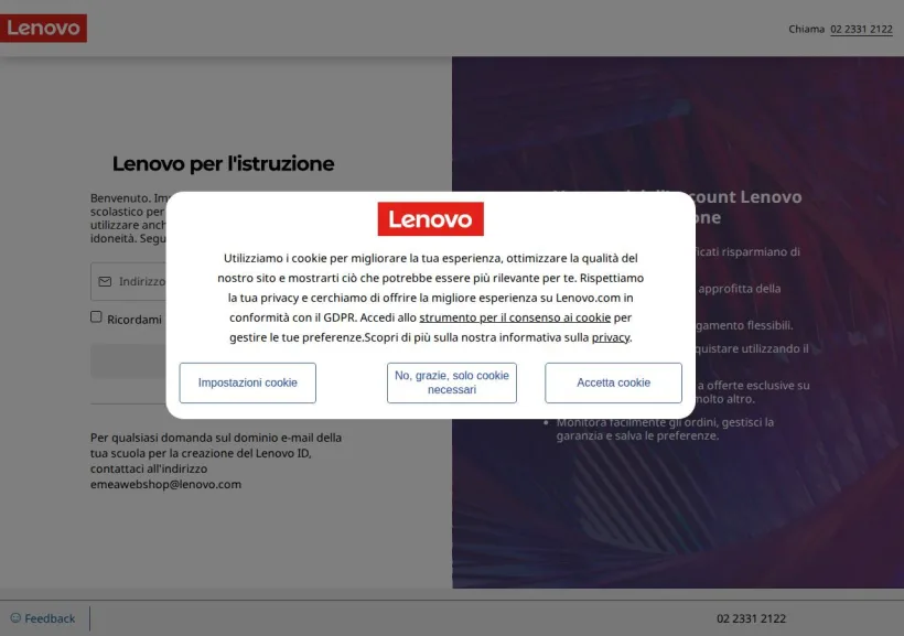 Schermata della pagina offerta di Lenovo