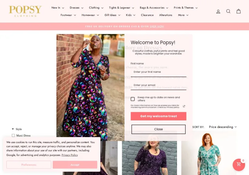 Schermata della pagina offerta di POPSY CLOTHING