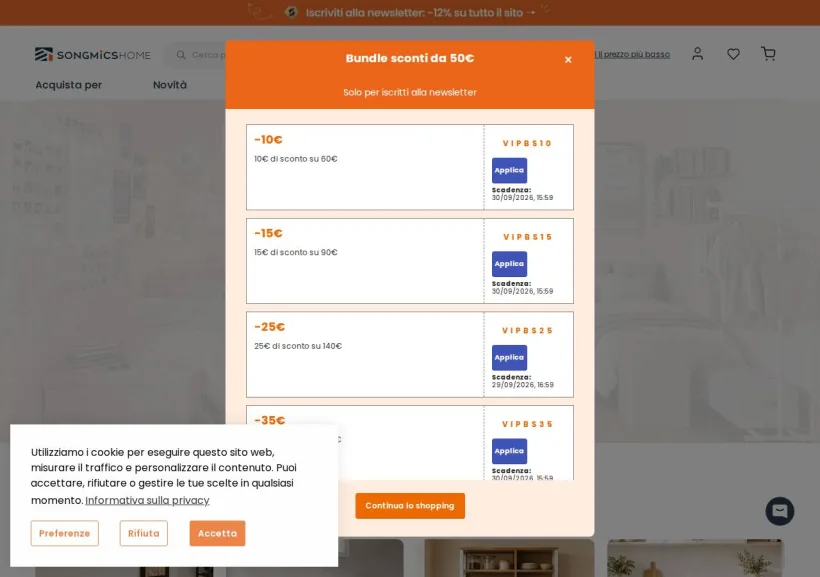 Schermata della pagina offerta di Songmicshome
