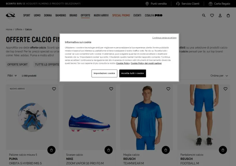 Schermata della pagina offerta di Cisalfa