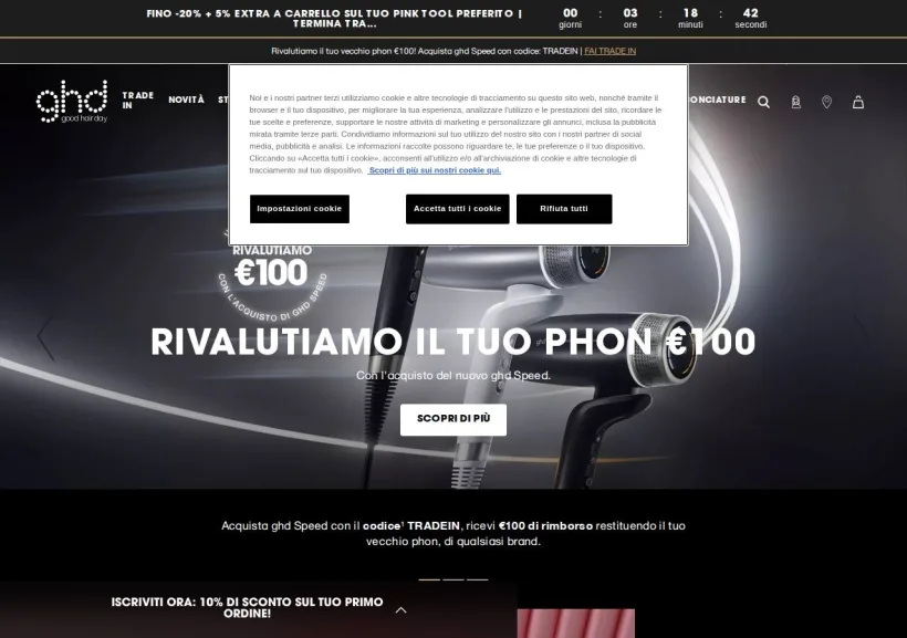 Schermata della pagina offerta di GHD