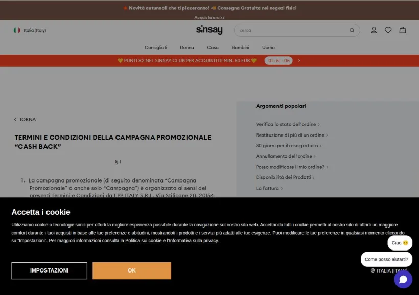 Schermata della pagina offerta di Sinsay