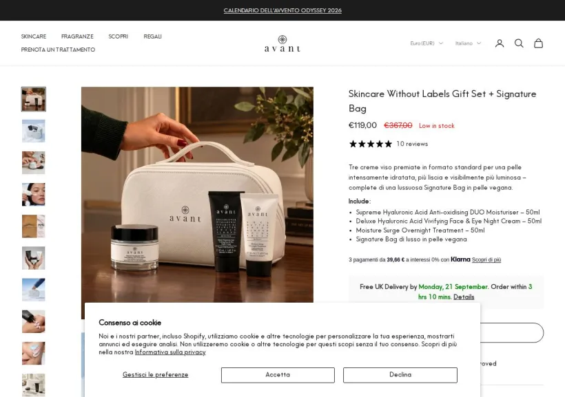 Schermata della pagina offerta di Avant Skincare