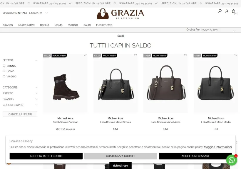 Schermata della pagina offerta di Grazia Pelletterie