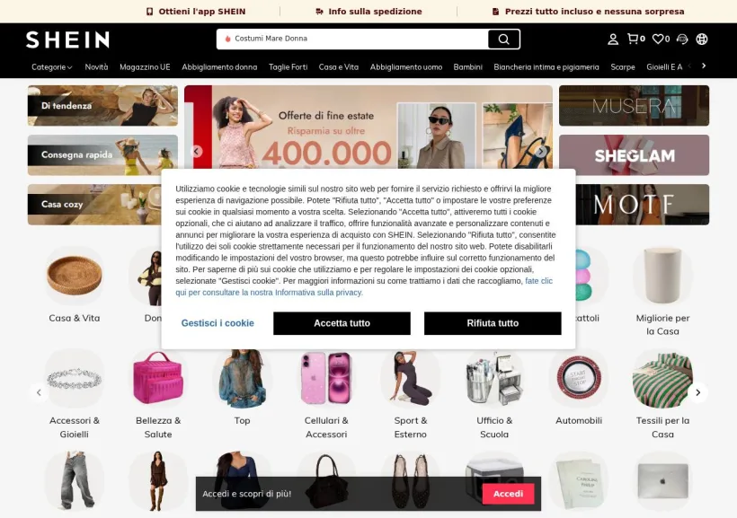Schermata della pagina offerta di Shein