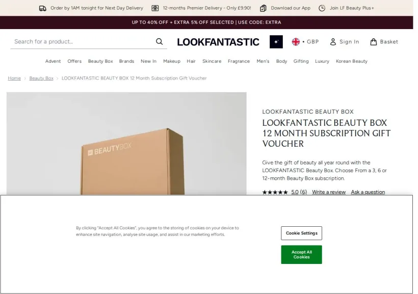 Schermata della pagina offerta di Look Fantastic