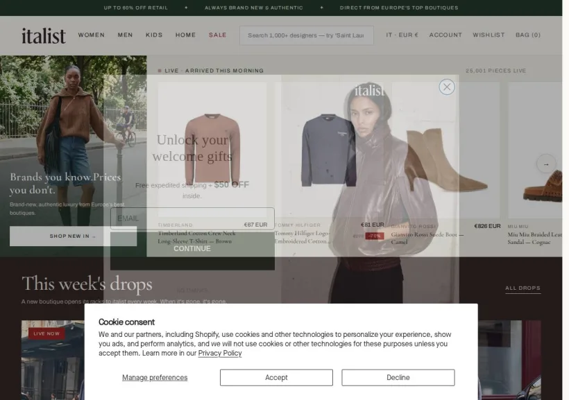 Schermata della pagina offerta di Italist