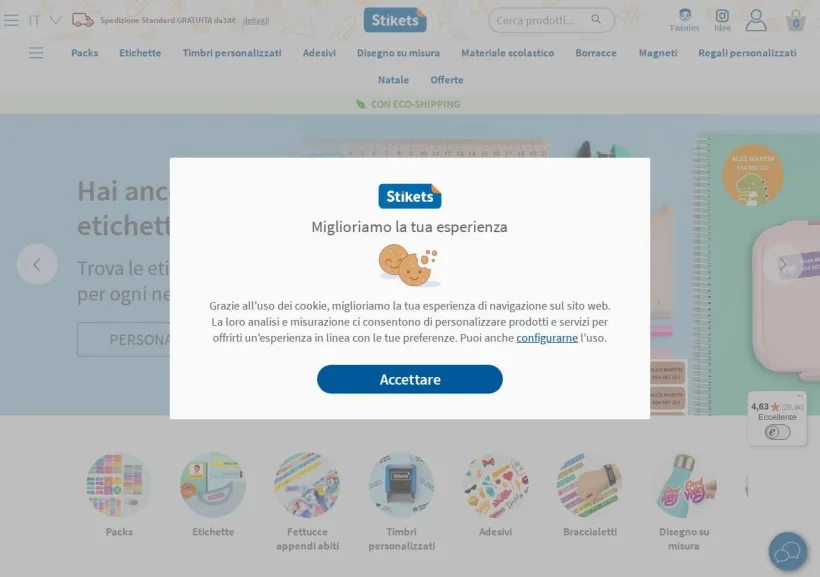 Schermata della pagina offerta di Stikets